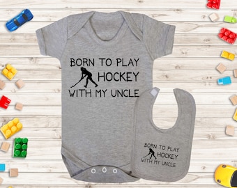 Baby Vest and Baby Bib Gift Set - Born to play Hockey With My Uncle
