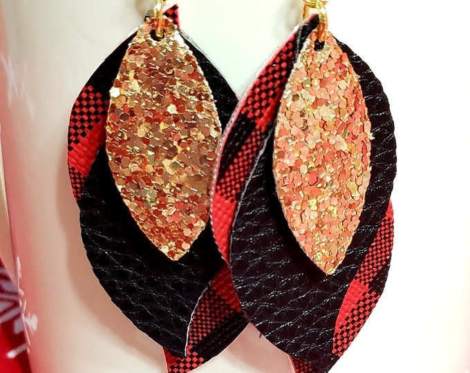 Leather Christmas Earrings, Gold Glitter, Black, and Red Plaid Leather Earrings