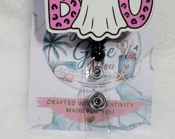 Halloween Ghost Badge Reel, Wood Acrylic Painted ID Badge (2" Tall)