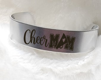 Cheer Mom Cuff Metal Bracelet, Laser Engraved Bracelet, Personalized Bracelet, Sports Mom, Cheerleading, Custom Etched Bracelet, Aluminum