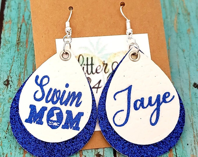 Swim Mom Personalized Leather Earrings, Custom swim team Leather Earrings, Swim Season Gifts, Sports Mom