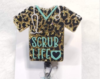 Leopard Print Scrub Life Badge Reel, Interchangeable Retractable ID Badge