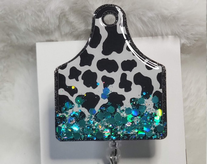 Cow Tag with Turquoise Glitter, Personalized Interchangeable Badge, Nurse, Doctors Office, Hospital, veterinary, Medical, ID Holder