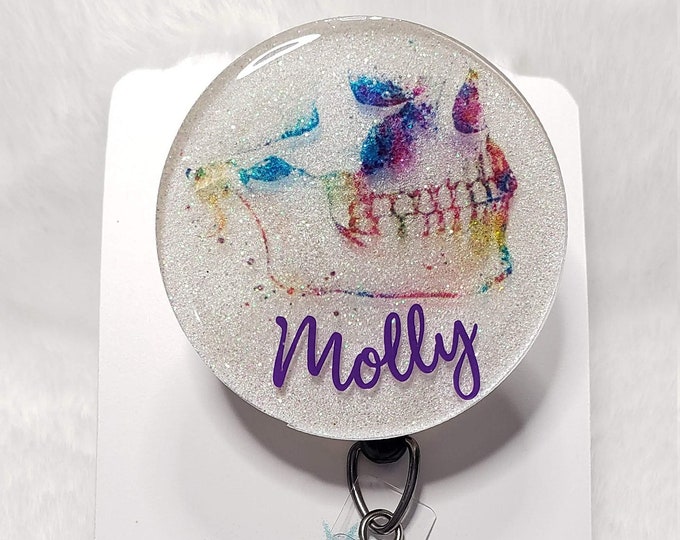 Watercolor Skull Badge Reel, Personalized Interchangeable Badge, Nurse, Doctors Office, Hospital, Dental, Medical, Hygienist ID Holder