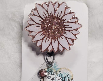 Rose Gold Sunflower Badge Reel, Interchangeable Acrylic ID Holder