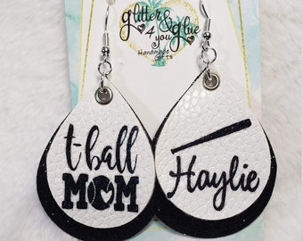 Personalized Faux Leather T-Ball Mom Earrings, Sports Gifts