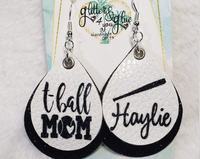 T-Ball Mom Personalized Leather Earrings, Custom T-Ball Leather Earrings, tball Season Gifts, Sports Mom