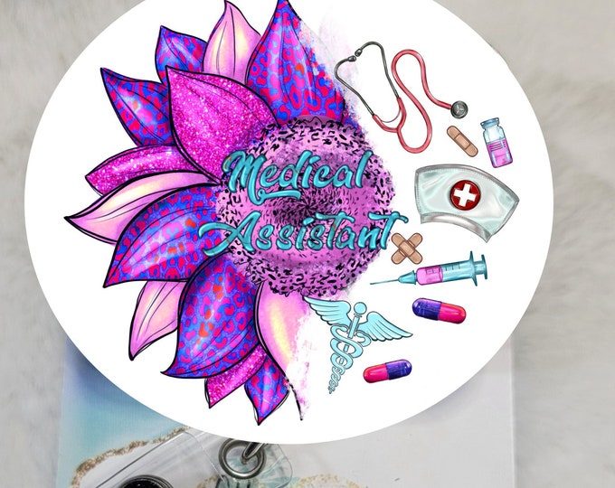 Purple and Pink Round Sunflower MA Medical Assistant Badge Reel, Retractable Interchangeable Custom Badge, Medical, ID