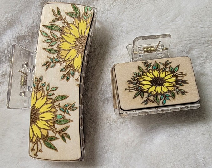 Sunflower Handpainted Wood Hair Clip, Laser Engraved, Etched, Hand Painted, Claw Clip