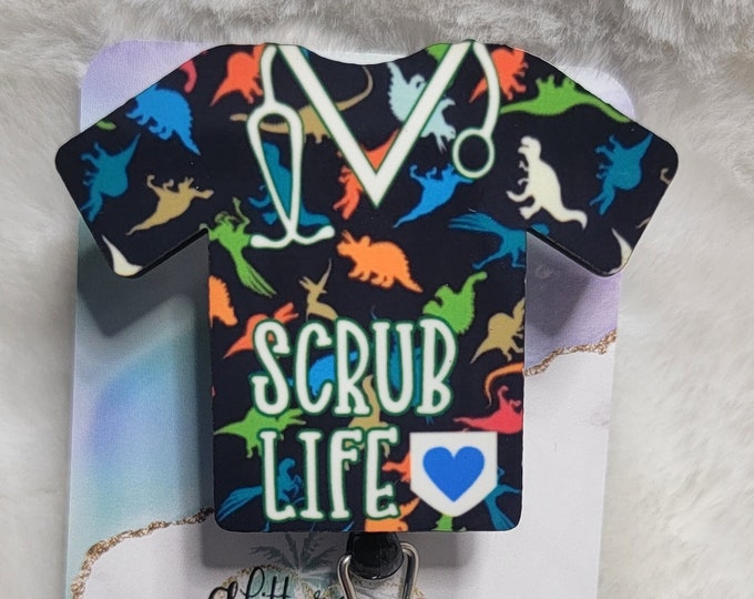 Dino Scrub Top, Nurse Life, Retractable Interchangeable Custom Badge, Doctors Office, Hospital, Scrub top, Medical, ID