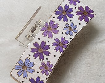 Flower Handpainted Wood Hair Clip, Laser Engraved, Etched, Hand Painted, Claw Clip