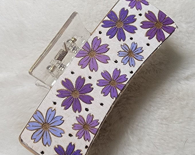 Flower Handpainted Wood Hair Clip, Laser Engraved, Etched, Hand Painted, Claw Clip