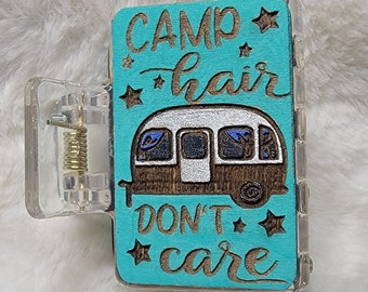 Camp Hair Handpainted Wood Hair Clip, Laser Engraved, Etched, Hand Painted, Claw Clip