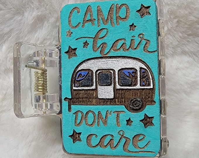 Camp Hair Handpainted Wood Hair Clip, Laser Engraved, Etched, Hand Painted, Claw Clip