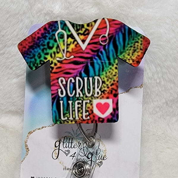 Colorful Leopard and Tiger Striped Scrub Life, Retractable Interchangeable Custom Badge, Doctors Office, Hospital, Scrub top, Medical, ID