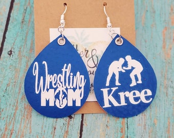 Personalized Wrestling Mom Faux Leather Earrings, Sports Team Gift