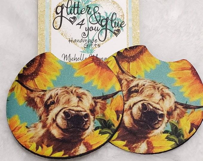 Sunflower Cow Neoprene Car Coasters