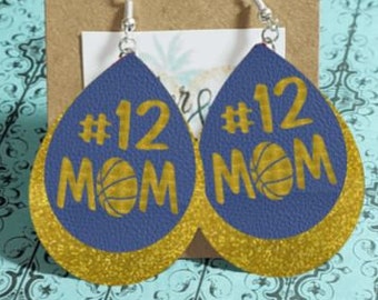 Personalized Basketball Mom Earrings, Glitter Faux Leather, Team Colors