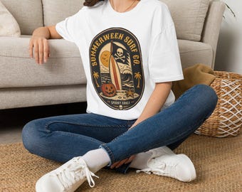 Summerween Surf Co Skull Surfboard T-Shirt | Halloween Surf Graphic