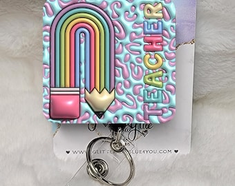 Teacher Rainbow Badge Reel, Interchangeable Sublimated ID Holder, Pencil Rainbow Design