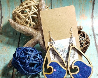 Handmade Glitter Ocean Wave Dangle Earrings, Stained Wood Resin Earrings
