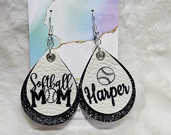 Softball  Mom Personalized Leather Earrings, Custom Softball Leather Earrings, Softball Season Gifts, Sports Mom