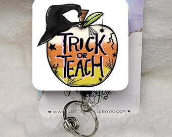 Halloween Trick or Teach Badge Reel, Sublimated Apple Design, Teacher ID Holder