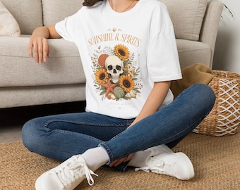 Sunshine & Spirits Skull with Sunflowers T-Shirt | Fall Pumpkin Floral Tee