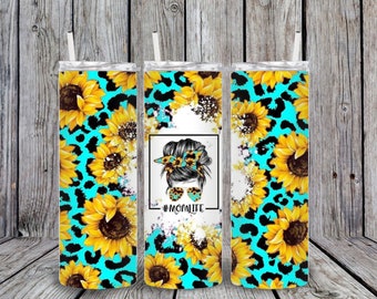 Sunflower, MomLife, Teal Leopard Print, Sublimation Printed Skinny 20 oz Tumbler