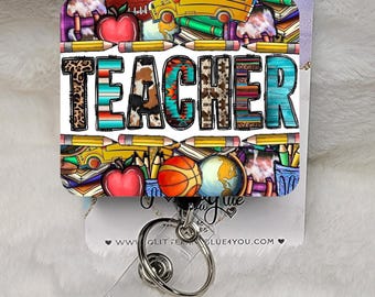 Teacher Badge Reel, Interchangeable Sublimated ID Holder, Pencil Rainbow Design