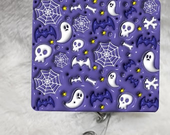 Halloween,  Purple Ghosts and Bats,  Badge Reel, Retractable Interchangeable Custom Badge, ID Badge