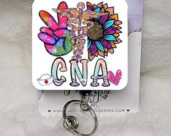 CNA Peace Sunflower Badge Reel, Interchangeable Sublimated ID Holder, Medical Office Accessory