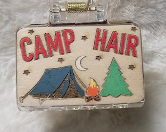 Camp Hair Handpainted Wood Hair Clip, Laser Engraved, Etched, Hand Painted, Claw Clip