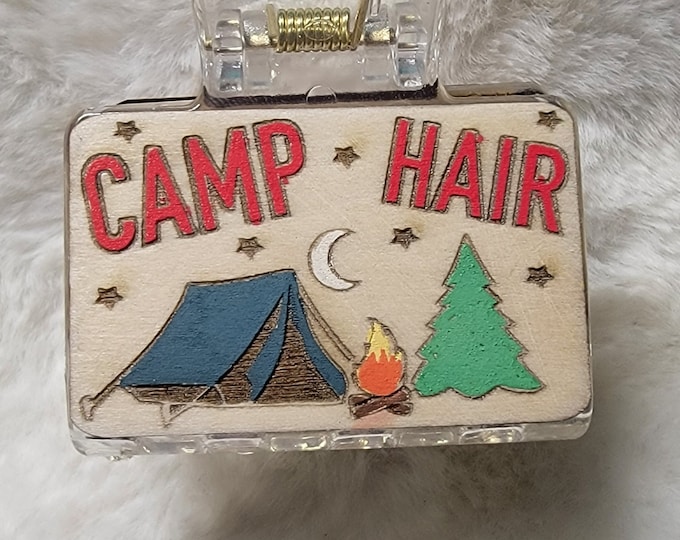 Camp Hair Handpainted Wood Hair Clip, Laser Engraved, Etched, Hand Painted, Claw Clip
