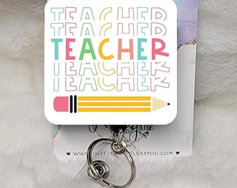 Teacher Pencil Badge Reel, Interchangeable Sublimated ID Holder, Pencil Rainbow Design