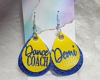 Personalized Dance Coach Faux Leather Earrings, Custom Team Gift