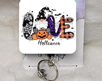 Spooky Halloween Gnome Pumpkin Badge Reel, Interchangeable ID Holder