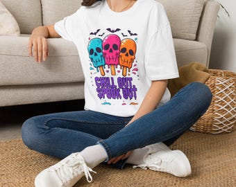 Colorful Drippy Skull Pops T-Shirt | Chill Out Spook Out, Halloween Tee