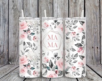 Beautiful Pink Floral Design Mama Sublimation Printed Skinny 20 oz Tumbler