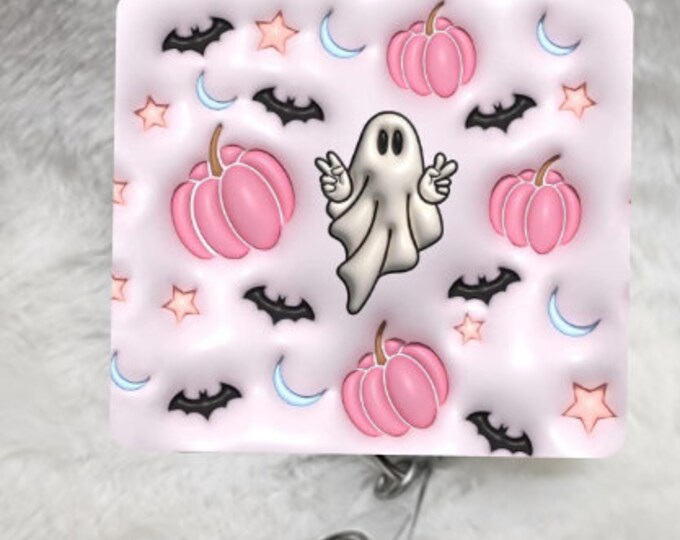 Halloween, Pink Ghosts, 3D,  Badge Reel, Retractable Interchangeable Custom Badge, ID Badge