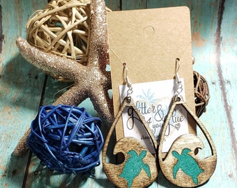 Turtle Wood and Resin Dangle Earrings, Glitter Ocean Wave