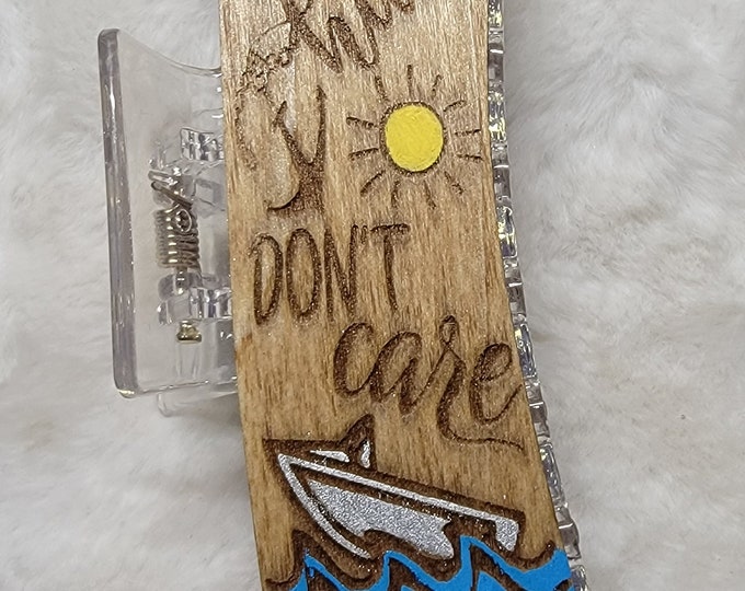 Lake Hair Don't Care Handpainted Wood Hair Clip, Laser Engraved, Etched, Hand Painted, Claw Clip