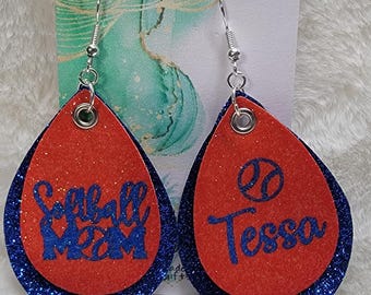 Softball/Baseball Mom Personalized Leather Earrings, Custom Softball Leather Earrings, Softball Season Gifts, Sports Mom