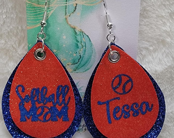 Softball/Baseball Mom Personalized Leather Earrings, Custom Softball Leather Earrings, Softball Season Gifts, Sports Mom