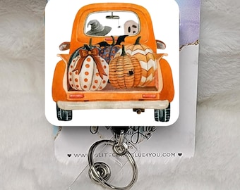 Spooky Fall Truck Pumpkins Badge Reel, Interchangeable ID Holder