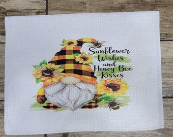 Sunflower Wishes and Honey Bee Kisses, Gnome, sunflowers, Waffle Weave Dish Towel