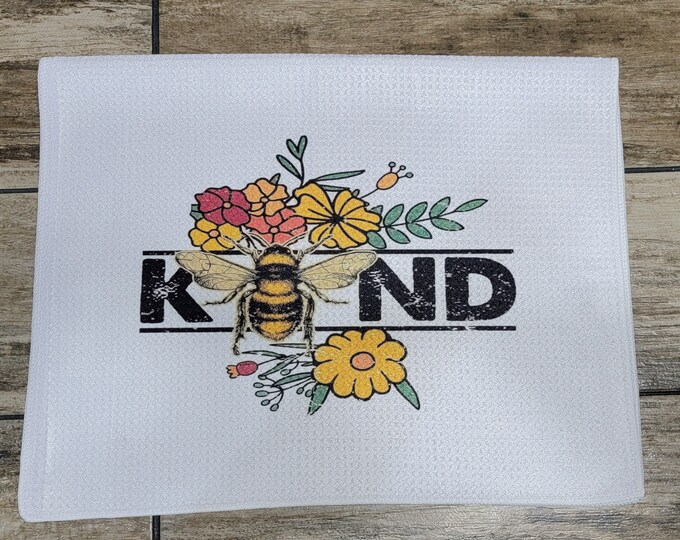 Bee Kind, Flowers, Bee,  Waffle Weave Dish Towel