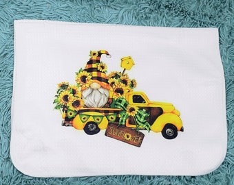 Sunflower, Farm Truck, Gnome, Waffle Weave Dish Towel