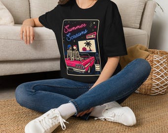 Summer Screams Drive-In T-Shirt | Retro Palm Tree Car Poster