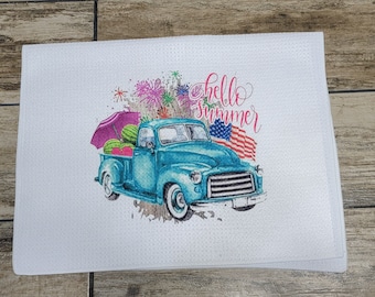 Hello Summer, Farm truck, fireworks, watermelon, flag, Waffle Weave Dish Towel